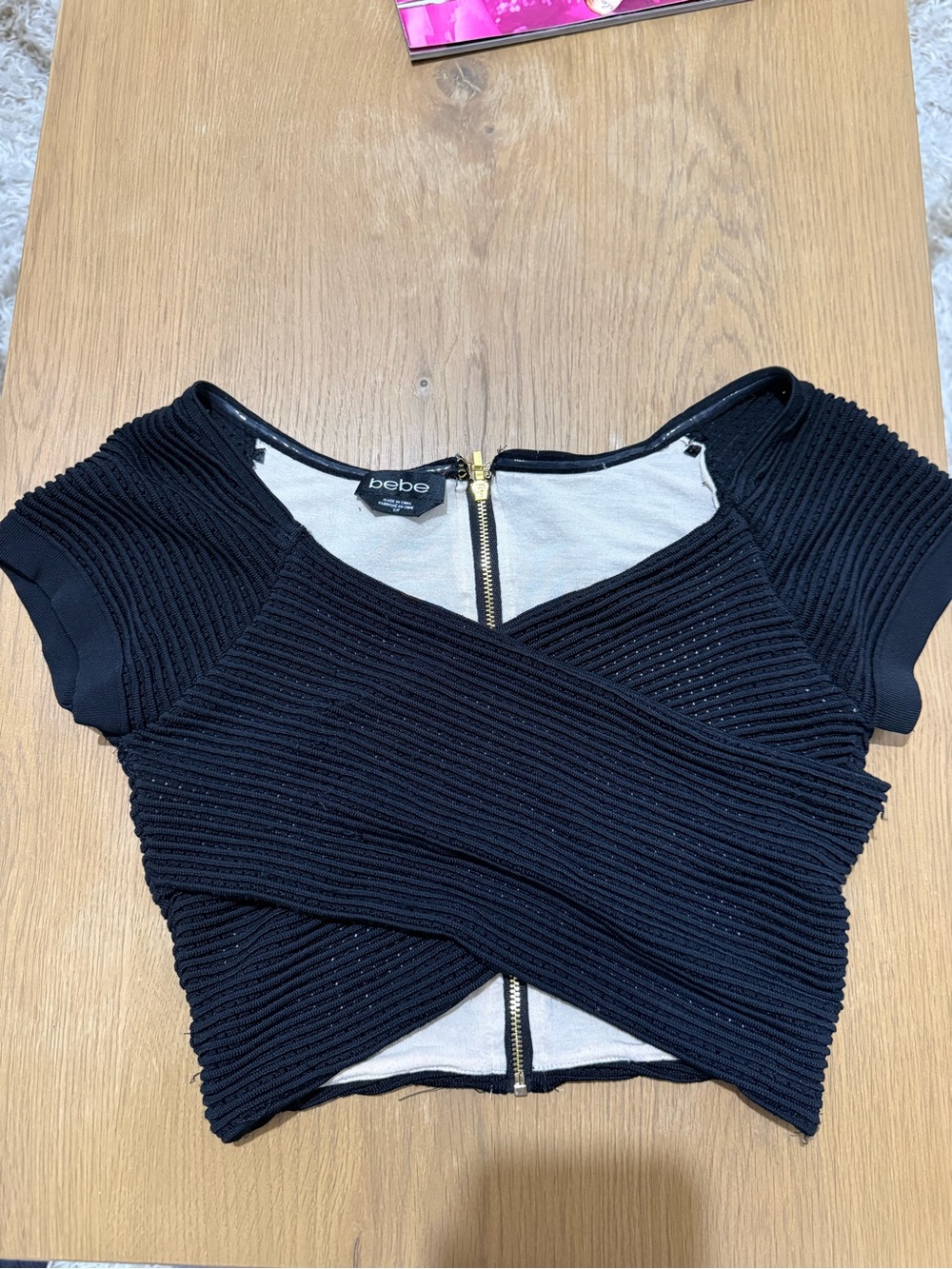 bebe Black Ribbed Cross-Front Zip Crop Top